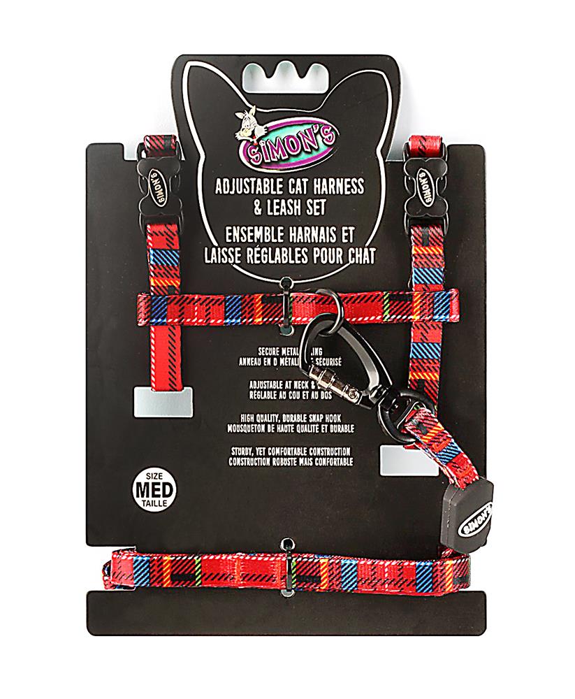 Simon's Adjustable Cat Harness & Leash Set - Red Plaid L