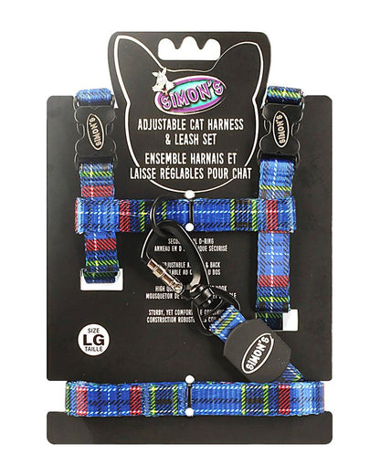 Simon's Adjustable Cat Harness & Leash Set - Blue Plaid L